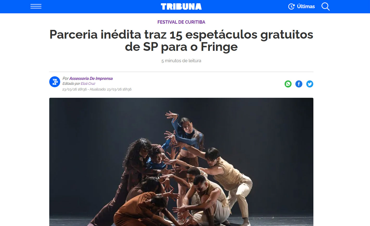 Parceria inédita traz 15 espetáculos gratuitos de SP para o Fringe