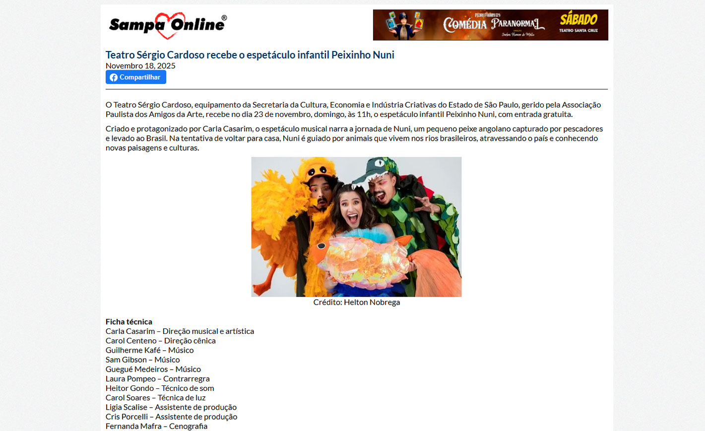 Teatro Sérgio Cardoso recebe o espetáculo infantil Peixinho Nuni