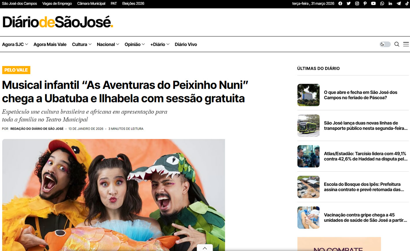 As Aventuras do Peixinho Nuni chega a Ubatuba e Ilhabela com sessão gratuita