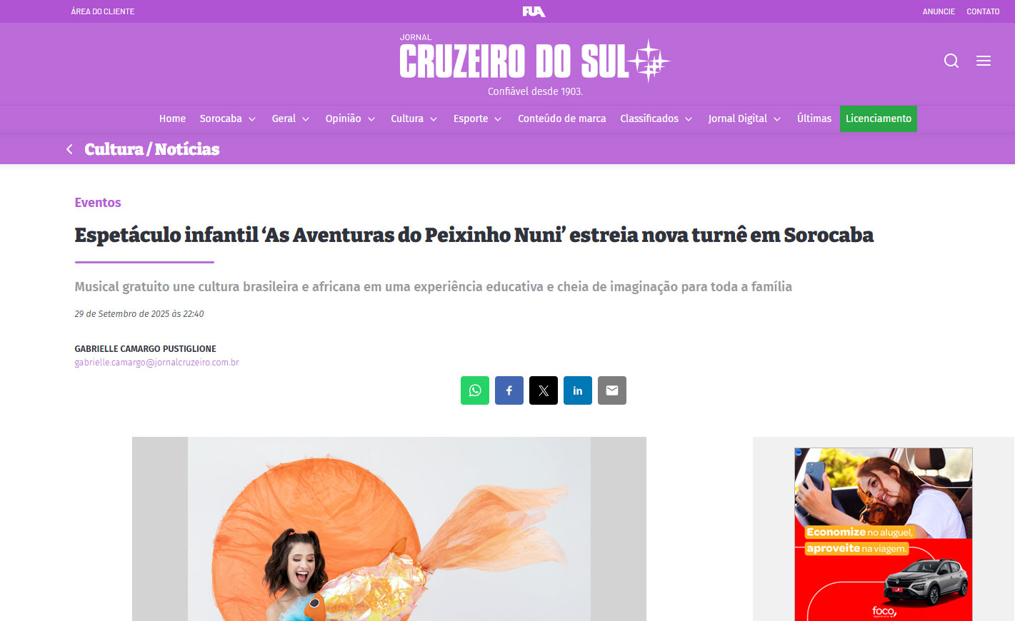 Espetáculo infantil ‘As Aventuras do Peixinho Nuni’ estreia nova turnê em Sorocaba