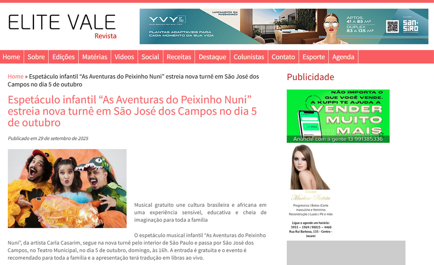 Espetáculo infantil “As Aventuras do Peixinho Nuni” estreia nova turnê em São José dos Campos no dia 5 de outubro