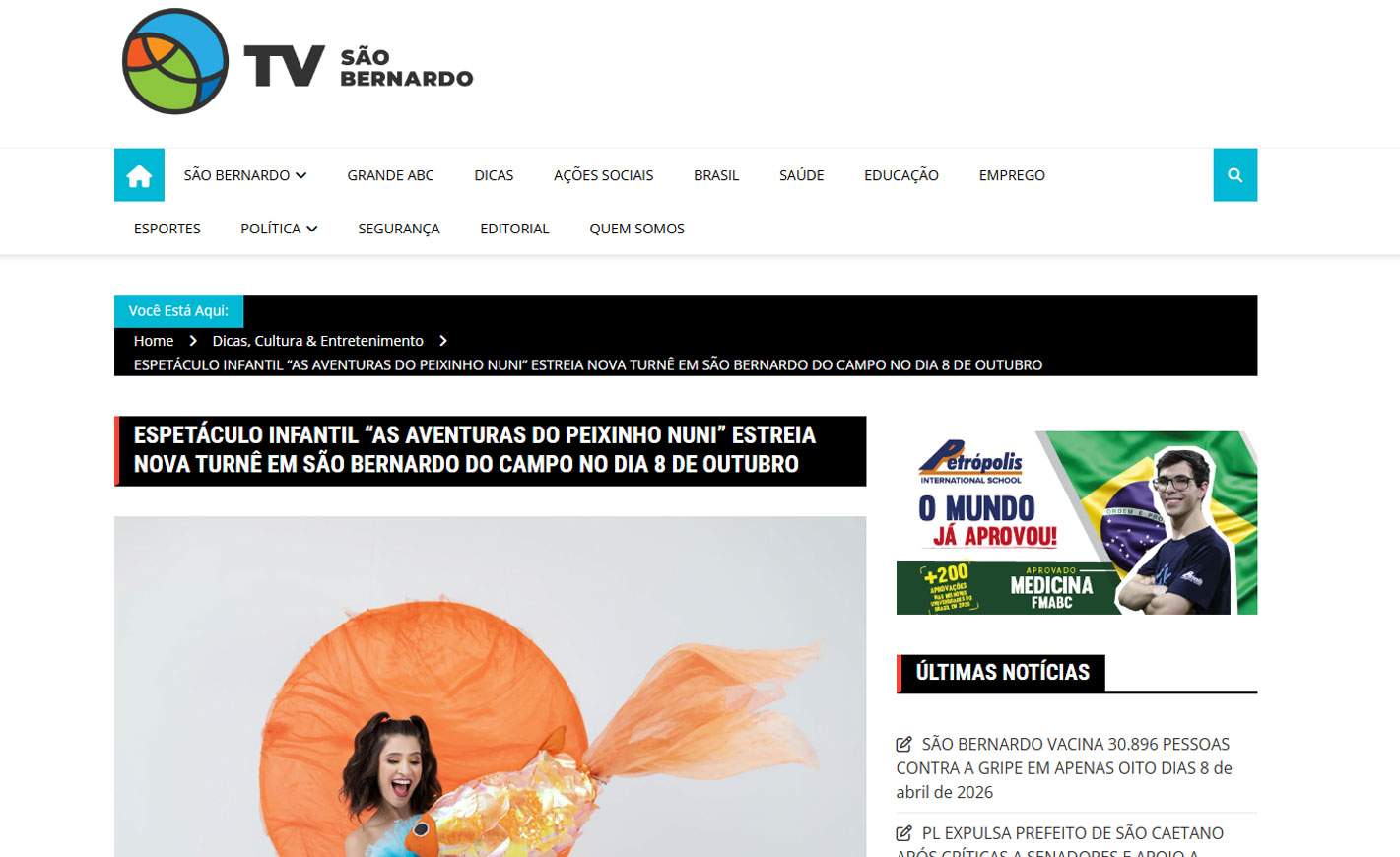 ESPETÁCULO INFANTIL “AS AVENTURAS DO PEIXINHO NUNI” ESTREIA NOVA TURNÊ EM SÃO BERNARDO DO CAMPO NO DIA 8 DE OUTUBRO