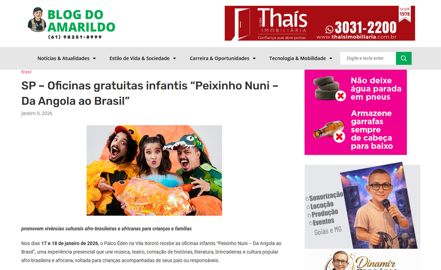 SP – Oficinas gratuitas infantis “Peixinho Nuni – Da Angola ao Brasil”